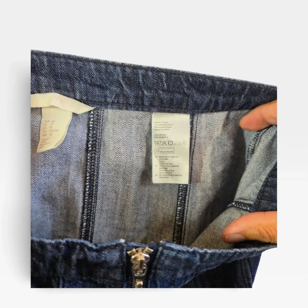 H&M Dark Wash Denim Zip Front Mini Skirt Ring Pull Paneled A-Line Size 10